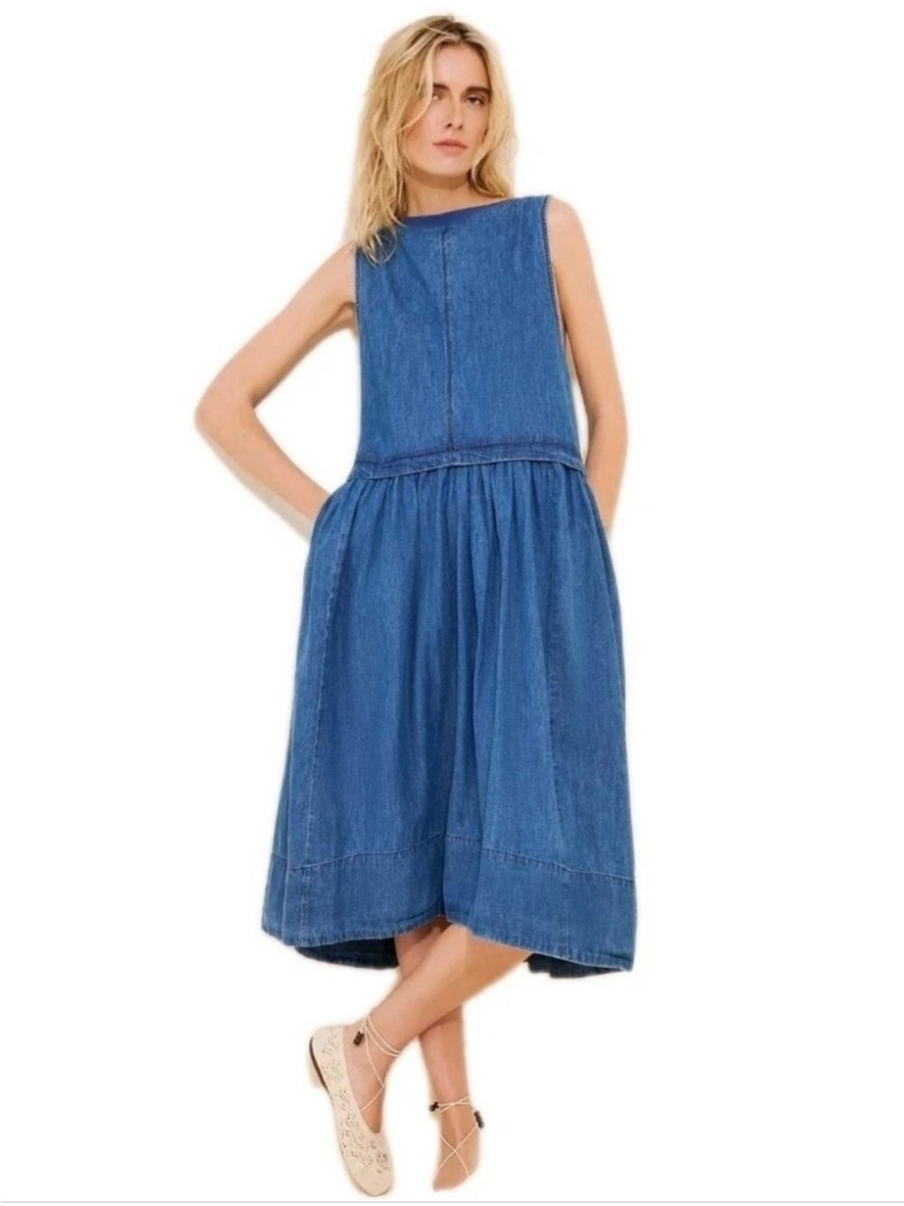 Free People Soraya Denim Midi Dress Jean Dress Size XL - Picture 2 of 8